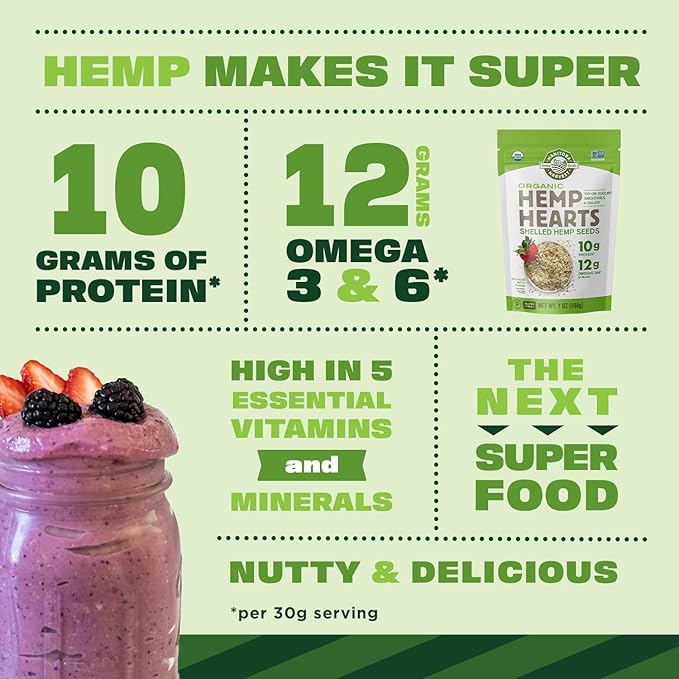 Manitoba Harvest Organic Hemp Seeds, 18oz, 10g Plant Based Protein and 12g Omega 3 & 6 per Srv, smoothies, yogurt & salad, Non-GMO, Vegan, Keto, Paleo, Gluten Free