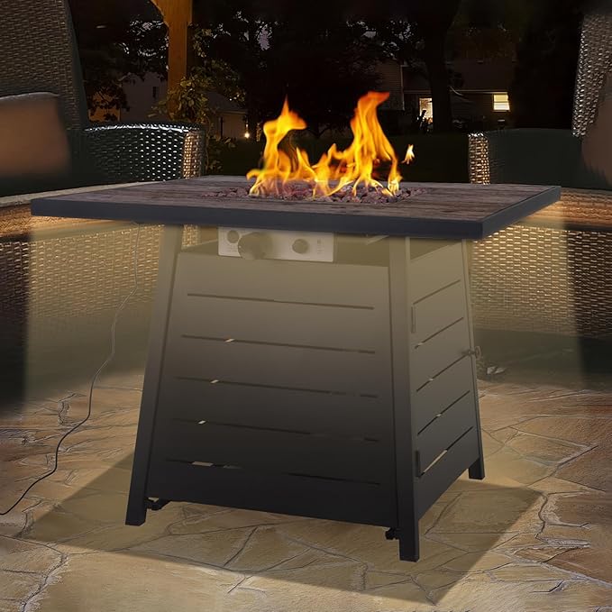 Afterglow Outdoor 32" Propane Fire Pit Table, 40000 BTU Firepit w LED Lighting, Weather Resistant Cover and Lava Rocks, Terra Fab Top and Steel Base for Outside Patio Backyard Garden