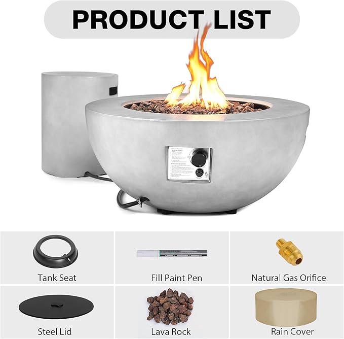 31.5 Inch Outdoor Propane Fire Pit Table,50,000 BTU Concrete Gas Fire Pit with Lid,Round Tank Cover & Burner Bowl CSA Certification,Fire Coffee Table for Patio,Garden,Deck,Backyard-Grey