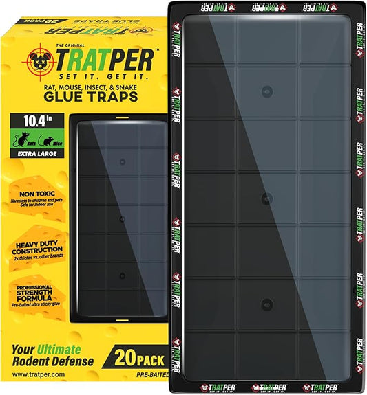 TRATPER Glue Traps for Mice,Rat,Mouse,Snake,Lizard,Insect. 20 Pack. Extra Strength,Pre-Baited Adhesive.Heavy Duty Plastic Tray.Non-Toxic,Chemical-Free Pest Control for Home. 20Pack
