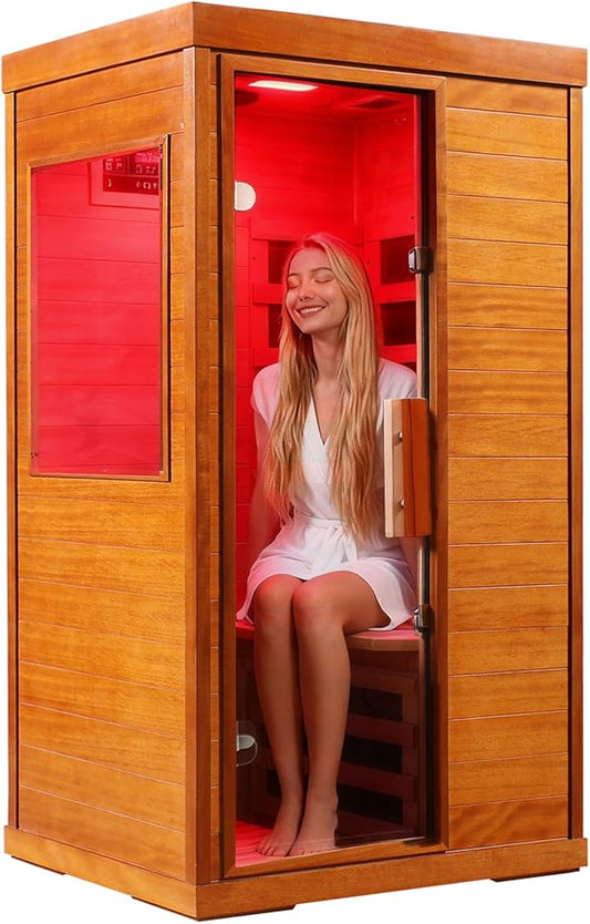 Low EMF Infrared Sauna 1120W 110V, Far Infrared Sauna with Red Light Therapy, 1 Person Carbon Fiber Dry Heat Saunas Canadian Hemlock W/Bluetooth Speakers/Control Panel for Home Gym/Bathroom