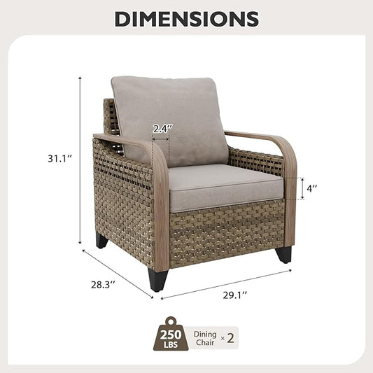 EAGLE PEAK Modern Wicker Outdoor Chair, Patio Chair Curved Armrest, Rattan Patio Furniture for Yard Deck Porch Garden, 2 Chairs, Brown/Gray