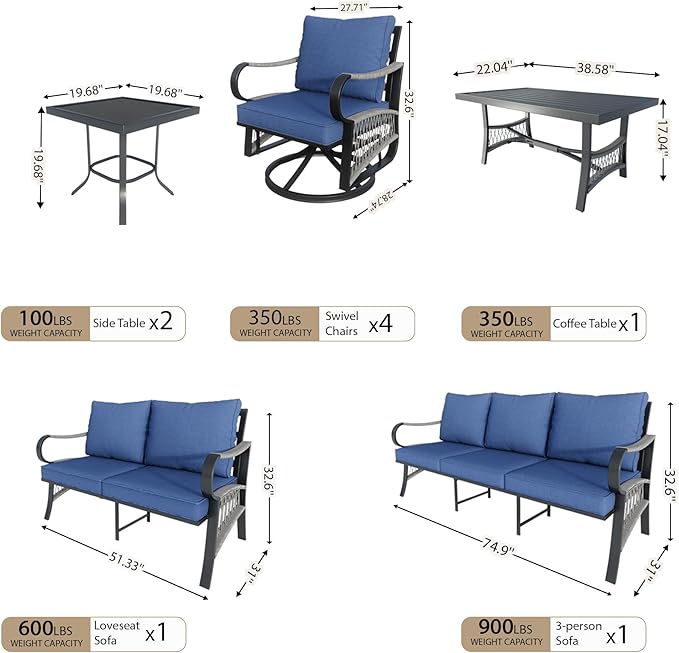 9-Piece Modern Patio Furniture Set, All Weather Metal Outdoor Conversation Sets with 5.1" Extra Thick Cushion for Backyard Garden Deck Porch Poolside, Blue