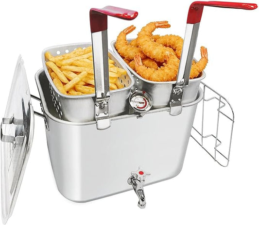 36QT Aluminum Deep Fryer Pot with Baskets &Spigot，Durable Rectangular Fish Fryers with Thermometer，Complete Outdoor Cooking Kit for Frying Fish,Chicken Wings,French Fries,Turkey