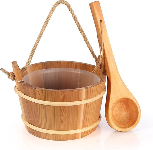 Wooden Sauna Bucket and Ladle Set, Handmade from Natural Cedar with Rope Handle,4L