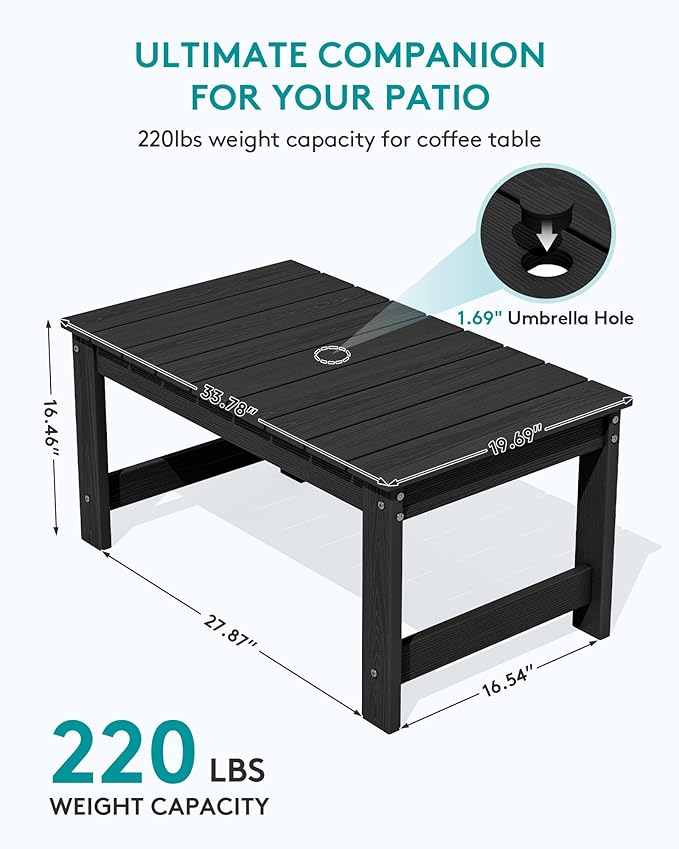SERWALL Outdoor Coffee Table with 1.69" Umbrella Hole, HDPE Patio Coffee Table for Outside, Rectangle, Black