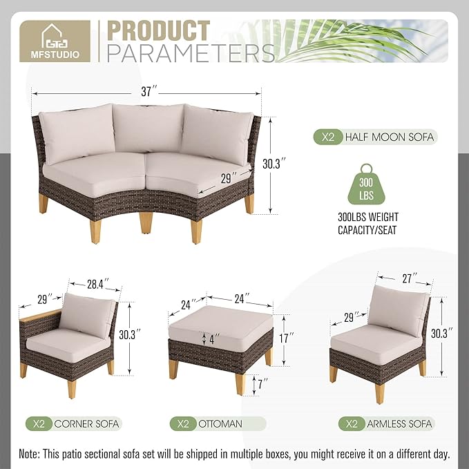MFSTUDIO 8 Pieces Wicker Patio Furniture Set, All-Weather Rattan Outdoor Conversation Half-Moon Curved Sectional Sofa Set for Garden, 2 x Curved Sofa, 2 x Armless Chair, 2 x Ottomans, 2 x Corner Sofa