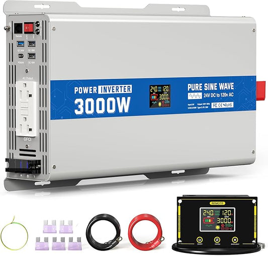 3000W Pure Sine Wave Power Inverter 24V DC to 120V AC Converter 6000 Watt Peak Power Multi-Display Screen with 2 GFCI Outlet 30W USB and 18W Type-C for Car RV Truck Boat Off-Grid, Gray Blue