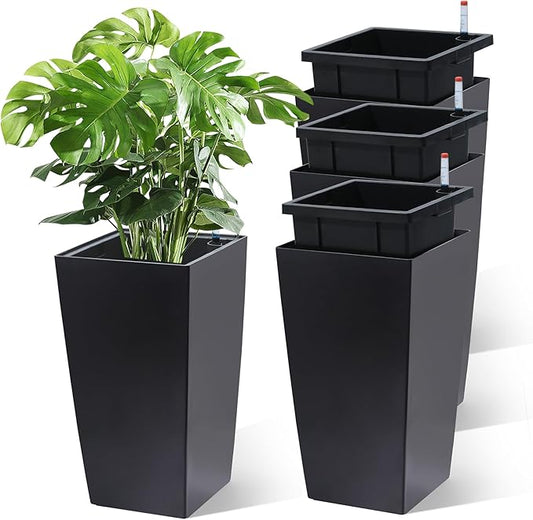 Garvee 16" Tall Planters Set of 4, Outdoor＆Indoor Black Planter Pots, High Front Porch Planter Pots with Drainage Holes＆Water Level Monitor＆Inner Bucket,Black