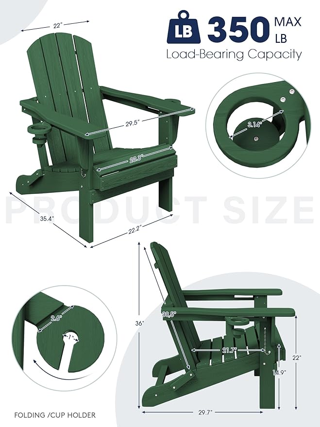 KINGYES Folding Adirondack Chair Set of 8, Dual Cup Holders & All-Weather HDPE, Wood-Like Patio Chair for Backyard, Camping, Pool & Fire Pit, Dark Green