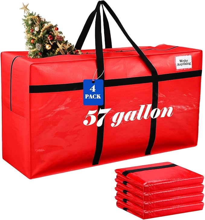 Windyun 4 Pack 57 Gallon Extra Large Storage Bags XXL Moving Bags with Zipper Handles Heavy Duty Jumbo Big Tote Box for Christmas Tree Storage 4, 5, 7.5, 9, 10, 12 ft Skeleton College Dorm(Red)