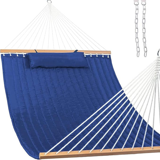 Lazy Daze Hammocks 12 FT Double Quilted Fabric Hammock with Spreader Bar and Detachable Pillow, 450lbs Weight Capacity, Navy Blue
