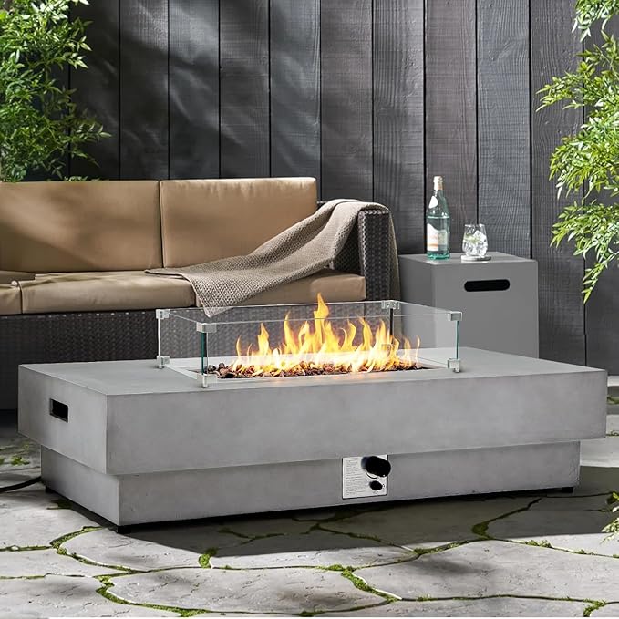 60Inch Outdoor Propane Fire Pit Table with Tank Cover Wind Guard, 3-Piece Large Concrete Fire Table Rectangular 50,000 BTU Stainless Steel Burner Gas Fire pits for Outside Patio, Backyard