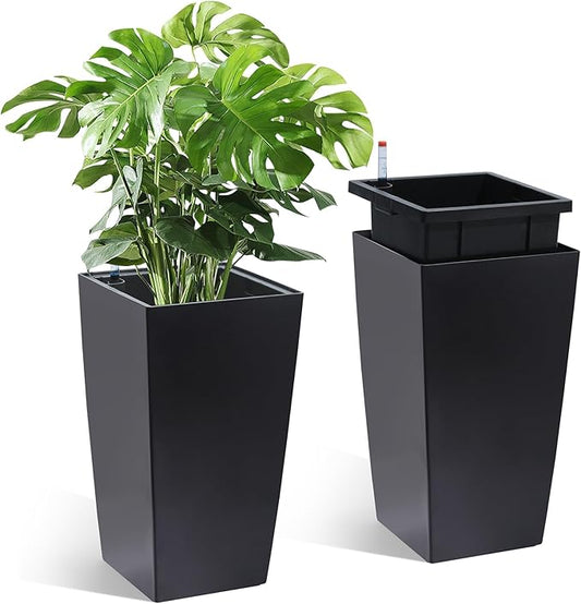 Garvee 16" Tall Planters Set of 2, Outdoor＆Indoor Black Planter Pots, High Front Porch Planter Pots with Drainage Holes＆Water Level Monitor＆Inner Bucket,Black