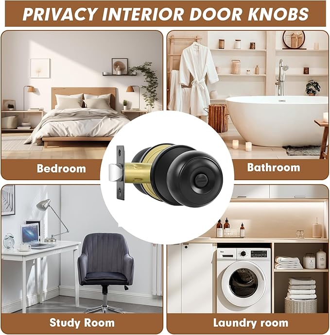 RAZCC Privacy Door Knobs, 2 Pack Matte Black Door Knobs with Lock, Bed and Bath Door Knob Interior Keyless Locksets, Round Door Handles Reversible for Left Right Handed Doors