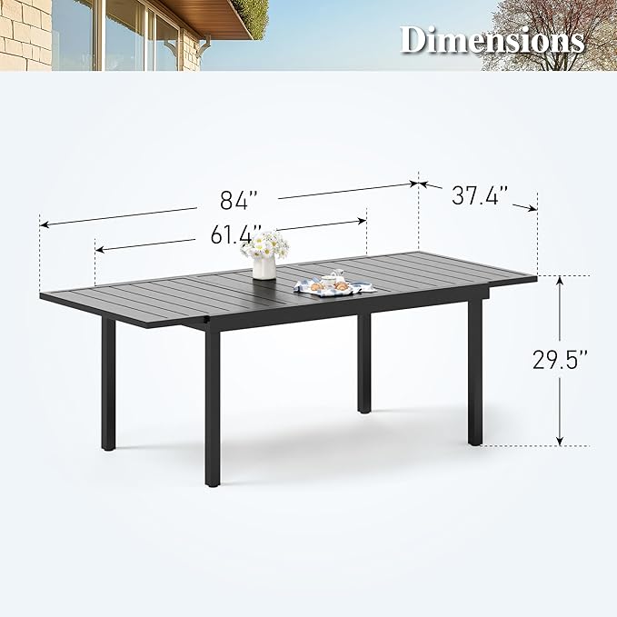 HERA'S HOUSE Expandable Patio Dining Table, Rectangular Black Metal Outdoor Deck Table for 8 Person
