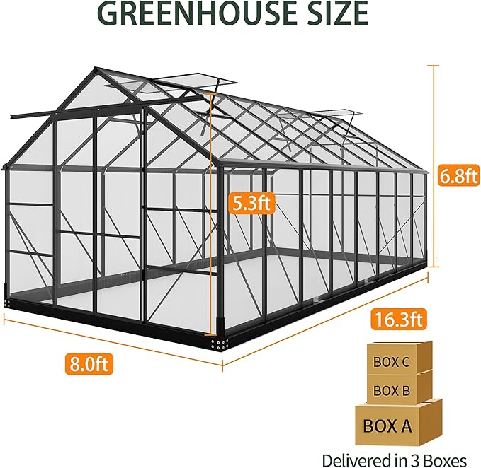 Polycarbonate Greenhouses, 8x16 FT Green Houses for Outside with Adjustable Roof Vents, Walk-in Aluminum Frame Greenhouse, Windproof, Garden(8x16FT)