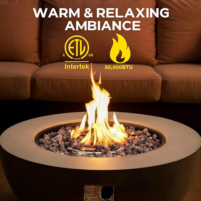 31.5 Inch Outdoor Propane Fire Pit Table w Tank Cover, 2 Pieces Concrete Gas Fire Pit 50,000 BTU Round Burner CSA Certification Fire Bowl with Tank Cover for Outside Patio, Backyard, Deck