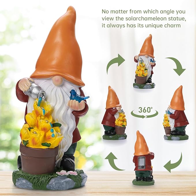 Ayadon Solar Gnome Statue Outdoor Decor,Gnome Figurines with Flower LED Light for Garden Decorations for Patio Lawn Balcony Fairy Gardens,Housewarming Gifts for Women Mom