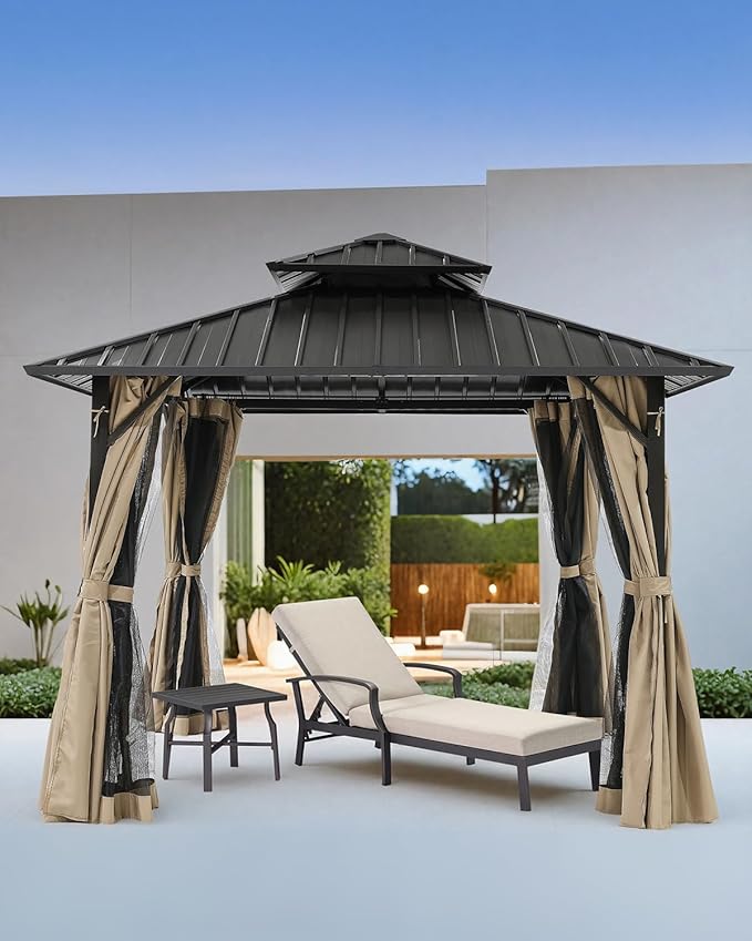 SEEHILL 12' x 12' Hardtop Gazebo, Aluminum Frame Patio Hardtop Gazebos with Netting and Curtain, Outdoor Patio Pergola, Outdoor Patio Gazebo with Double Metal Roofs for Lawns, Garden, Deck, Sandstone