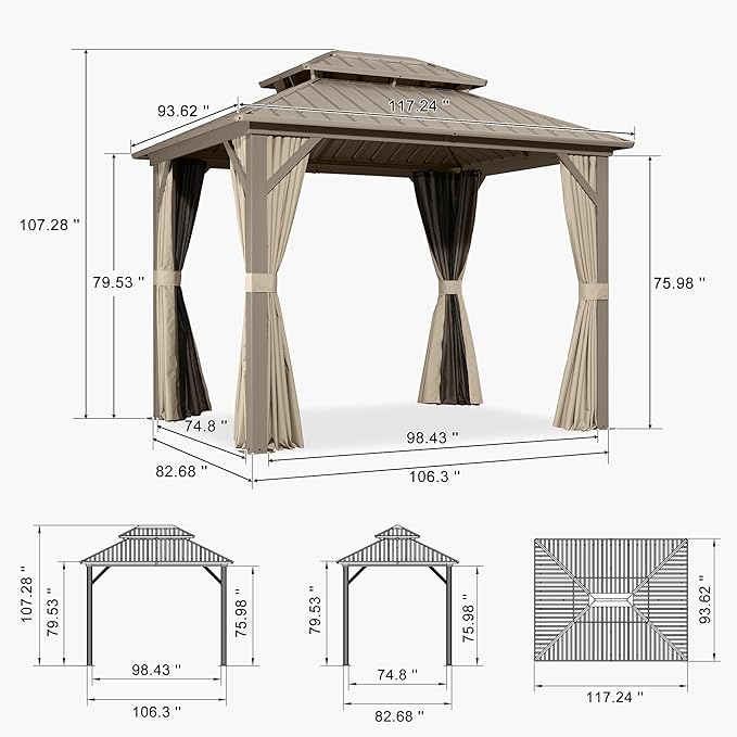 PURPLE LEAF 8' x 10' Outdoor Hardtop Gazebo, Champagne Small Aluminum Gazebo with Galvanized Steel Double Roof, Curtains and Netting for Patio Lawn and Garden