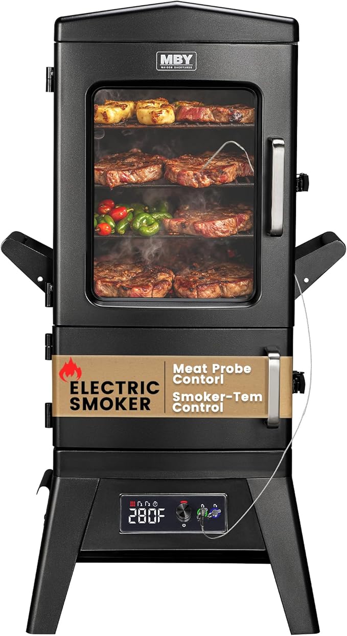 Electric Smoker with Cover, LED Display Build in Meat Probe Large Capacity BBQ Smokers, 4 Racks Smoke More with 633 sq in Cooking Area