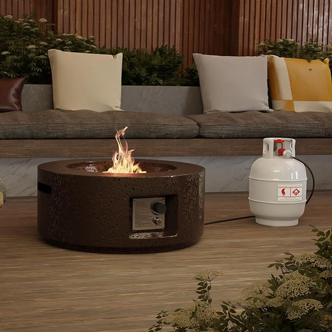 SUNBURY Outdoor Fire Pit, 28 inches Round Propane Gas Patio Fire Table 40,000 BTU Concrete Travertine Design, Circular Base Small Firepit with Lava Rocks, Waterproof Cover (Dark Brown)
