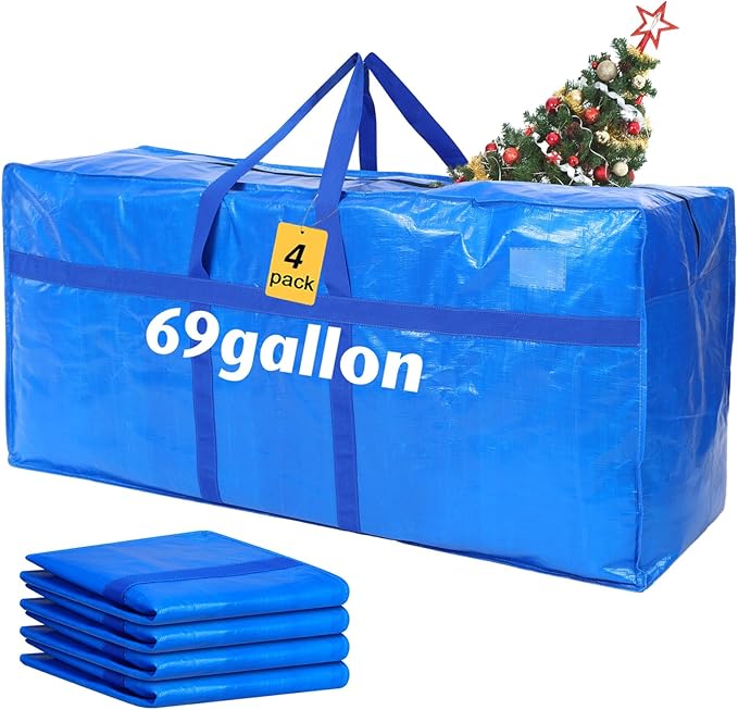 Windyun 4 Pack 69 Gallon Extra Large Storage Bags XXL Moving Bags with Zipper Handles Heavy Duty Jumbo Big Tote Box for Christmas Tree Storage 4, 5, 7.5, 9, 10, 12 ft Skeleton College Dorm(Blue)