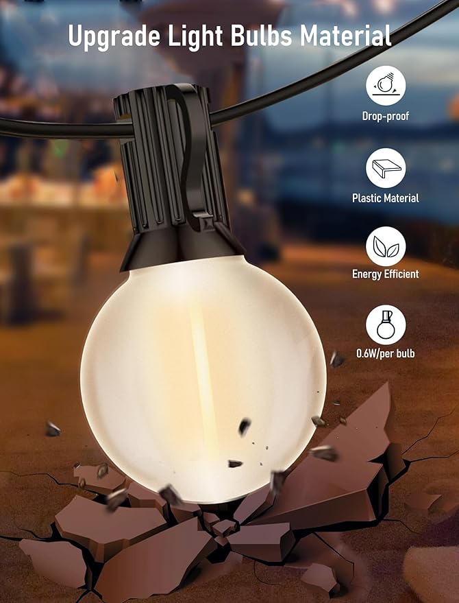 Pallerina 50FT LED Outdoor String Lights with 52 (2 Spare) Frosted Patio Shatterproof Bulbs,Commercial Grade Waterproof Patio Lights,Decorative for Garden Christmas Patio,Backyard, Balcony