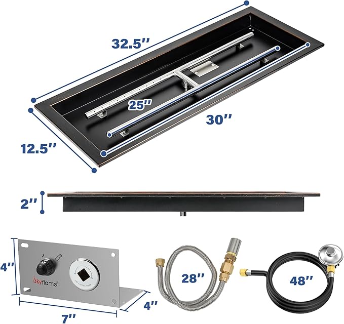 Skyflame 30 x 10 Inch Rectangular Fire Pit Pan Kit, Black Drop-in Fire Pit Pan and Burner, Come with Spark Ignition and Propane Hose, Indoor/Outdoor Fire Pit, Fire Table DIY Decorative