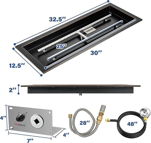 Skyflame 30 x 10 Inch Rectangular Fire Pit Pan Kit, Black Drop-in Fire Pit Pan and Burner, Come with Spark Ignition and Propane Hose, Indoor/Outdoor Fire Pit, Fire Table DIY Decorative