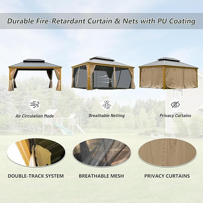 12’ x 16’ Hardtop Gazebo Outdoor Aluminum Wood Grain Gazebos with Galvanized Steel Double Canopy for Patios Deck Backyard,Curtains&Netting by domi outdoor living