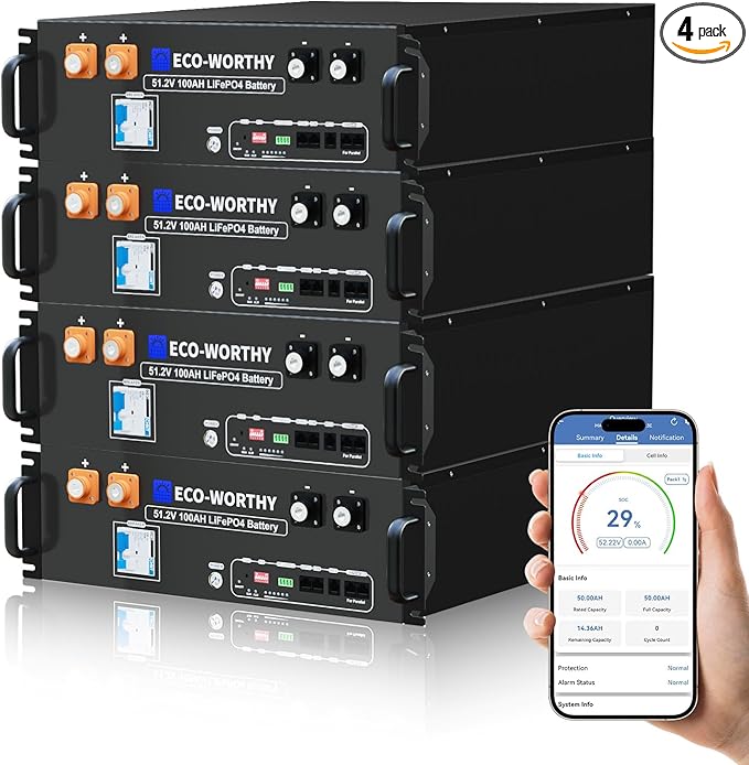 ECO-WORTHY 48V 400Ah Server Rack Battery LiFePO4 w/Bluetooth | 4 Pack 20.48kWh Solar Battery Kit for Home Backup | UL1973 & UL9540A & CEC Listed (Get Free 48V Monitor)