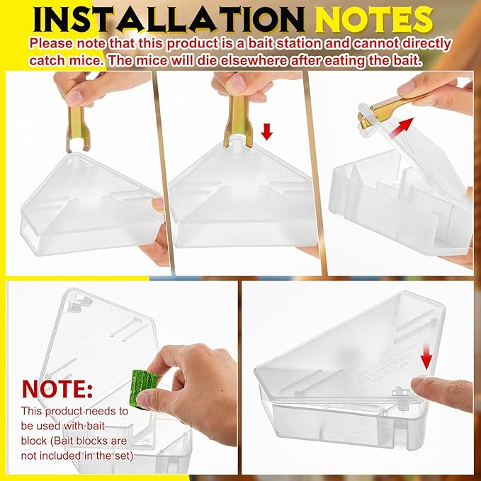 Qualirey 12 Pcs Mice Station with Key Triangle Bait Station Reusable Rodent Trap Bait Box, Keeps Children and Pets Safe Indoor & Outdoor, Bait Not Included, Suitable for Small Mice (Translucent)