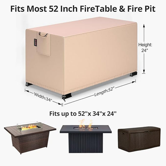 QH.HOME Fire Pit Cover Rectangular 52 x 34 Inch,Outdoor Waterproof Fire Pit Table Cover Strong Tear Resistant and Fading Resistant for Rectangle Patio Furniture Fireplaces - Wheat