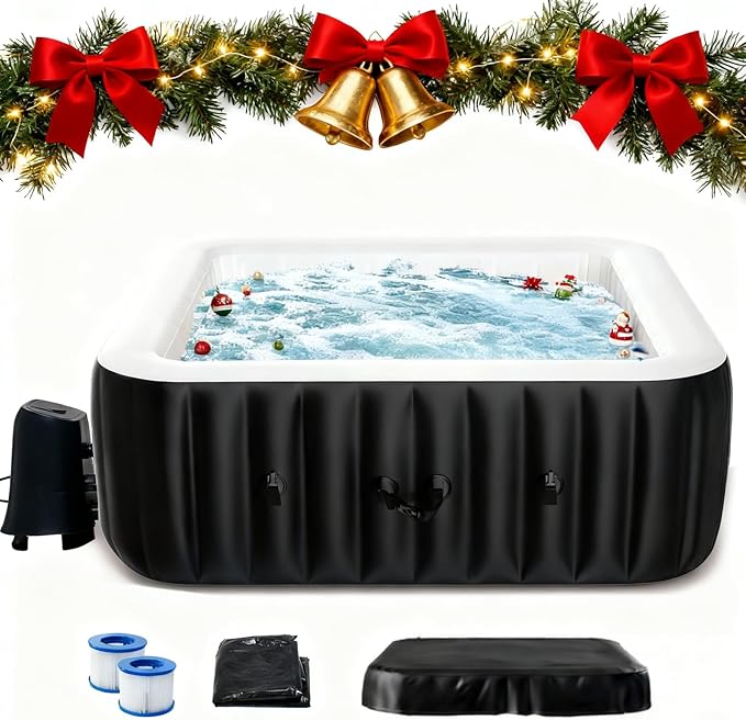 LILYPELLE 4-6 Person Inflatable Hot Tub, Square Portable Hot Tub with 130 Bubble Jets, Large Outdoor Spa Bathtub Set with Heater Pump, Filter and Insulated Cover, 73" X 73" X 25"