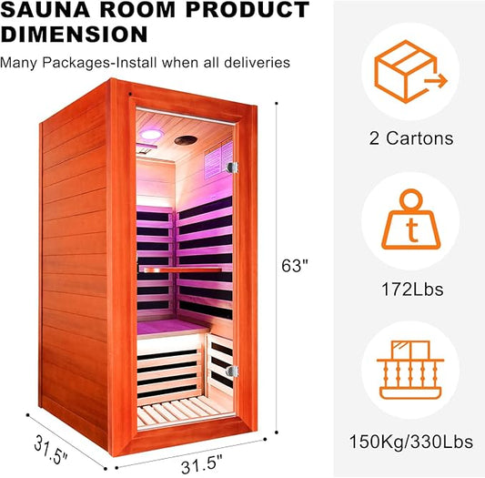 One/Single Person Sauna Room Far Infrared Oguman Wood Saunas Room with Red Light Therapy Home Wood Spa Dry 120V/ 1080W Saunas Spa Beauty of Natural Wood 31.5”x31.5"x63" Light Brown