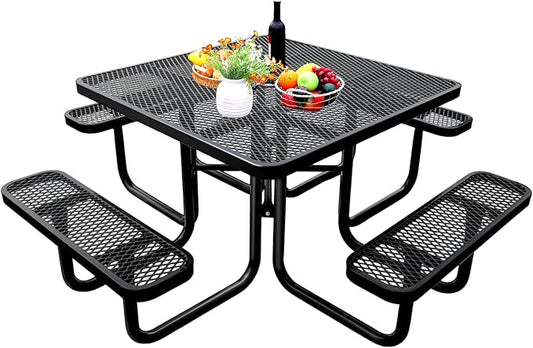 46-Inch Square Outdoor Picnic Table – Commercial Heavy-Duty Steel Dining Table with Thermoplastic Coating, Weather & Rust Resistant, Ideal for Parks, Patios, Schools, Campgrounds (Black)