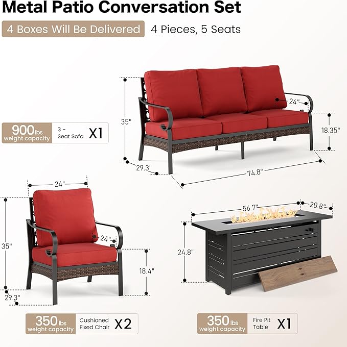 4 Piece Black Metal Outdoor Patio Furniture Sets with Firepit Table, Patio Conversation Sets 1 3-Seater Sofa, 2 Chairs with 5.75" Thick Cushion Backyard Furniture for Deck, Rust Red