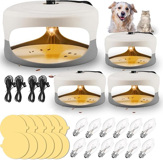 Flea Traps for Inside Your Home, 4 Packs Flea Trap for Home & Garage with 12 Sticky Disc 12 Bulbs 4 Electric Wires Bed Bug with Light for Indoor Safe to Pets