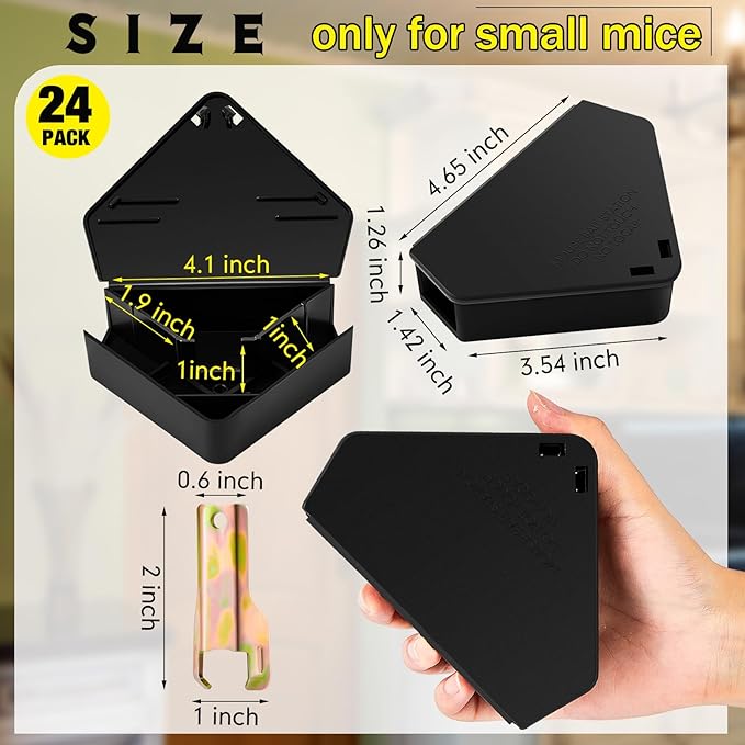 Qualirey 24 Pcs Mice Station with Key Triangle Bait Station Reusable Rodent Trap Bait Box, Keeps Children and Pets Safe Indoor & Outdoor, Bait Not Included, Suitable for Small Mice (Black)