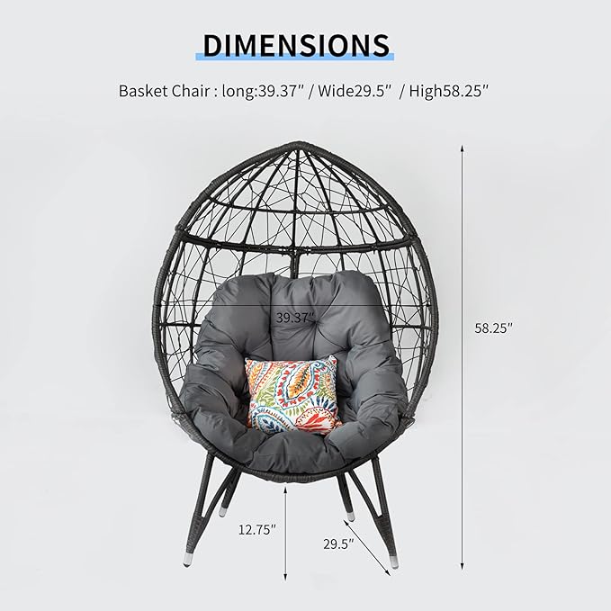 Outdoor Egg Chair, Part of Patio Conversation Set, All-Weather Wicker Lounge Chair with Thick Cushions, Single Seat for Balcony, Garden, Porch, Grey