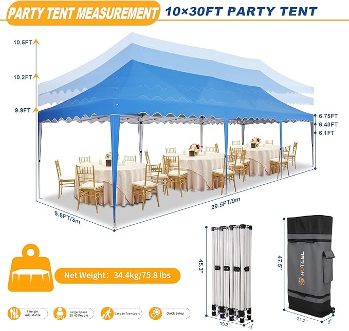 HOTEEL Pop Up Canopy 10x30 Large Party Tent with 8 Sidewalls, Portable Outdoor Canopy with Roller Bag,Sandbags,UV Resistant Waterproof, Easy Up Tents for Parties, Backyard, Wedding, Event, Blue