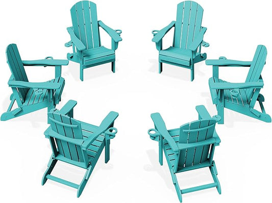KINGYES Folding Adirondack Chair Set of 6, Dual Cup Holders & All-Weather HDPE, Wood-Like Patio Chair for Backyard, Camping, Pool & Fire Pit, Aruba