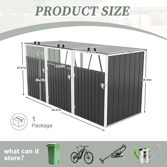 Outdoor Storage Shed Metal Trash Can Storage,120 Cu.Ft Garbage Can Storage Shed W/Lid Chain,Door Bolt & Pneumatic Spring Support Rods,for 3 Trash Bins,Bike,Garden Tools,Dark Gray