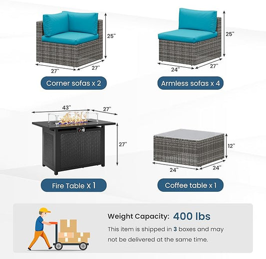 8 Pieces Outdoor Patio Furniture Set with 43" Fire Pit Table, Wicker Outdoor Patio Sectional Sofas Coffee Table, All-Weather Patio Conversation Set with Cushions for Garden Backyard, Light Blue