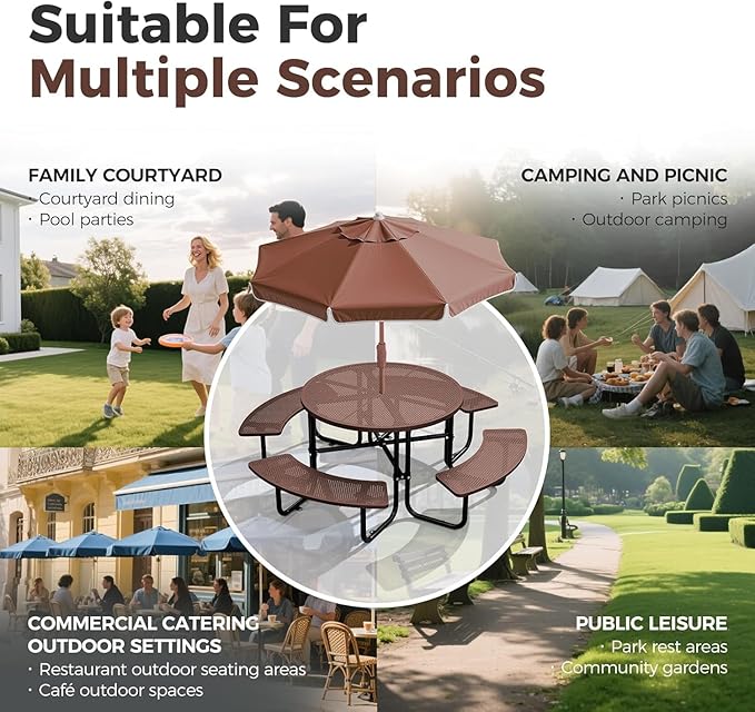 KUFUH 46" Coated Round Metal Picnic Table for 4-8 Person, Durable Heavy Duty Commercial Picnic Table with Umbrella Hole for Outdoor Coffee Shop, School, Easy to Install, Brown