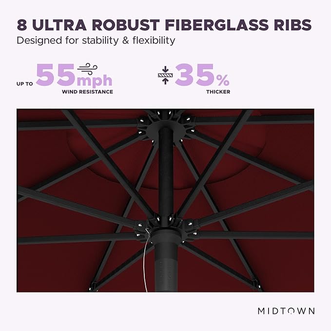 Midtown Umbrellas Push Pop Sunbrella Umbrella 10 Feet Large Outdoor Umbrella With Burgundy Fabric - Deck Patio Umbrella, Backyard Umbrella, Garden Umbrella & Pool Umbrella - Black Pole