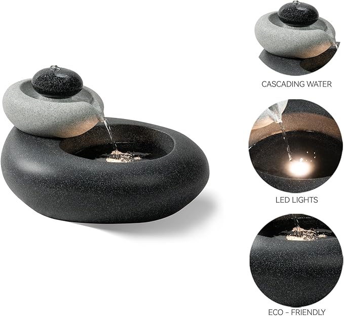 Puulye 13.39" H Outdoor Water Fountain Made with Eco-Friendly Recyclable Materials, Polyethylene Rock Waterfall Outdoor Fountain, Garden Decor with LED Light & Pump for Patio, Backyard (13.39")