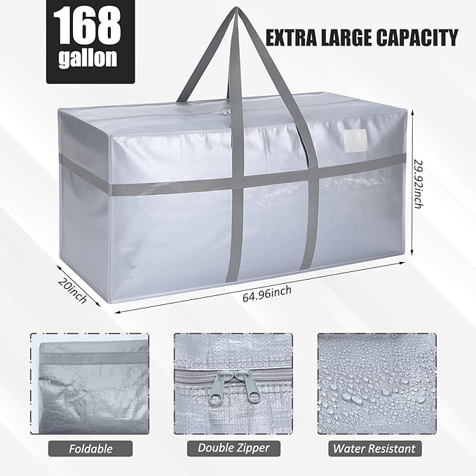 Windyun 4 Pack 168 Gallon Extra Large Storage Bags XXL Moving Bags with Zipper Handles Heavy Duty Jumbo Big Tote Box for Christmas Tree Storage 4, 5, 7.5, 9, 10, 12 ft Skeleton College Dorm(Silver)